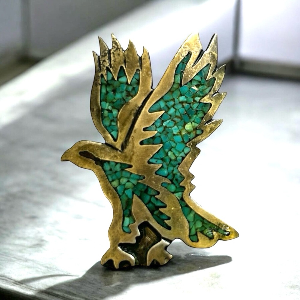 Bennett Inlayed Turquoise Eagle Bird Bolo Tie Slide Clip 2”